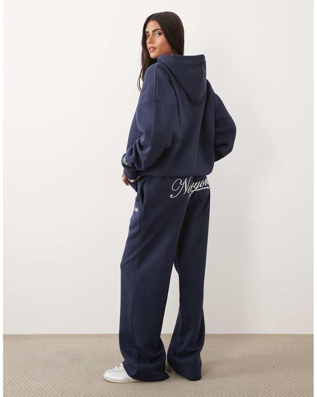 Kaiia Blue Cotton Rich Embroidered New York Script Logo Wide Leg Sweatpants