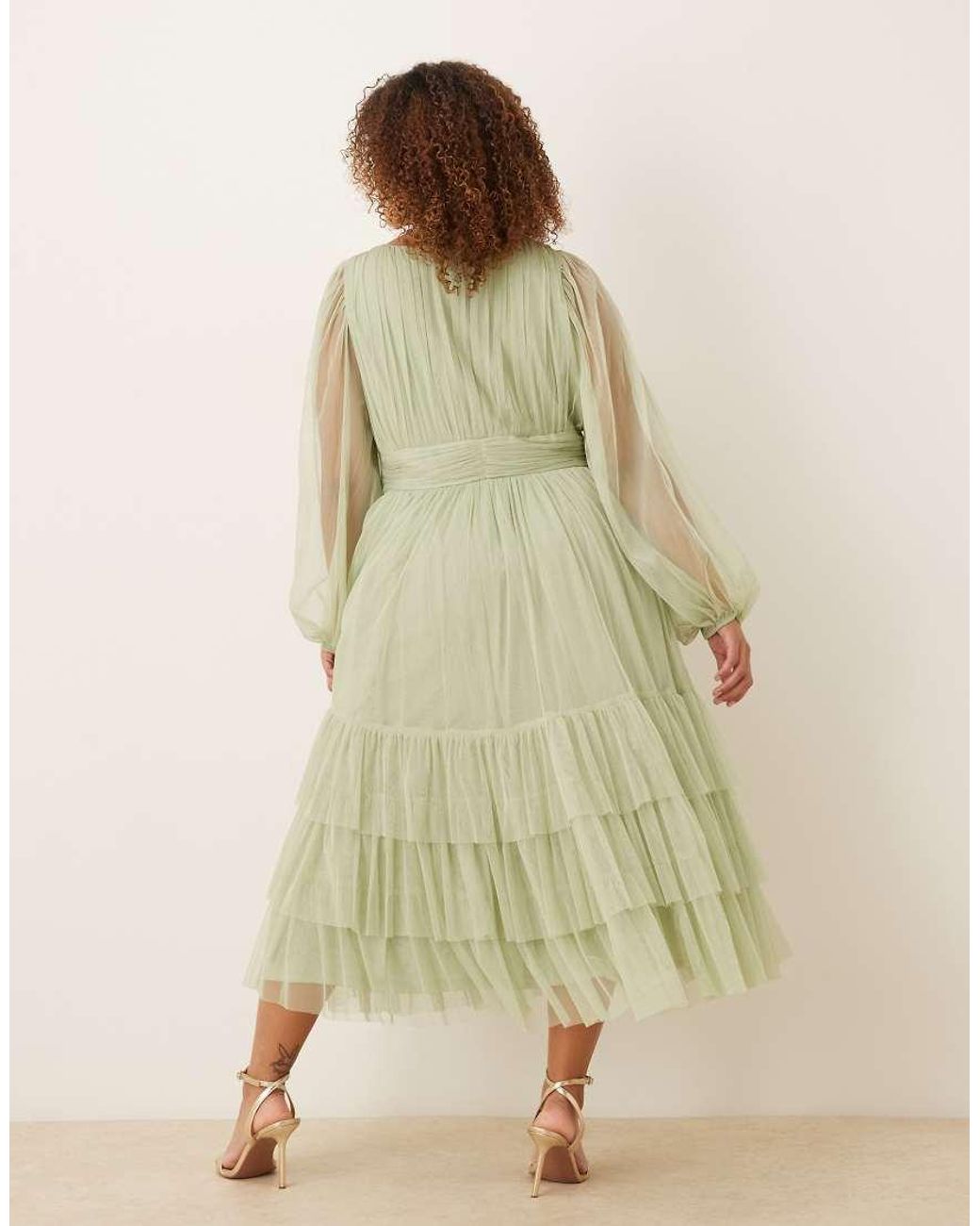 Lace & Beads Plus Green Bridesmaid Madison Long Sleeve Midi Dress