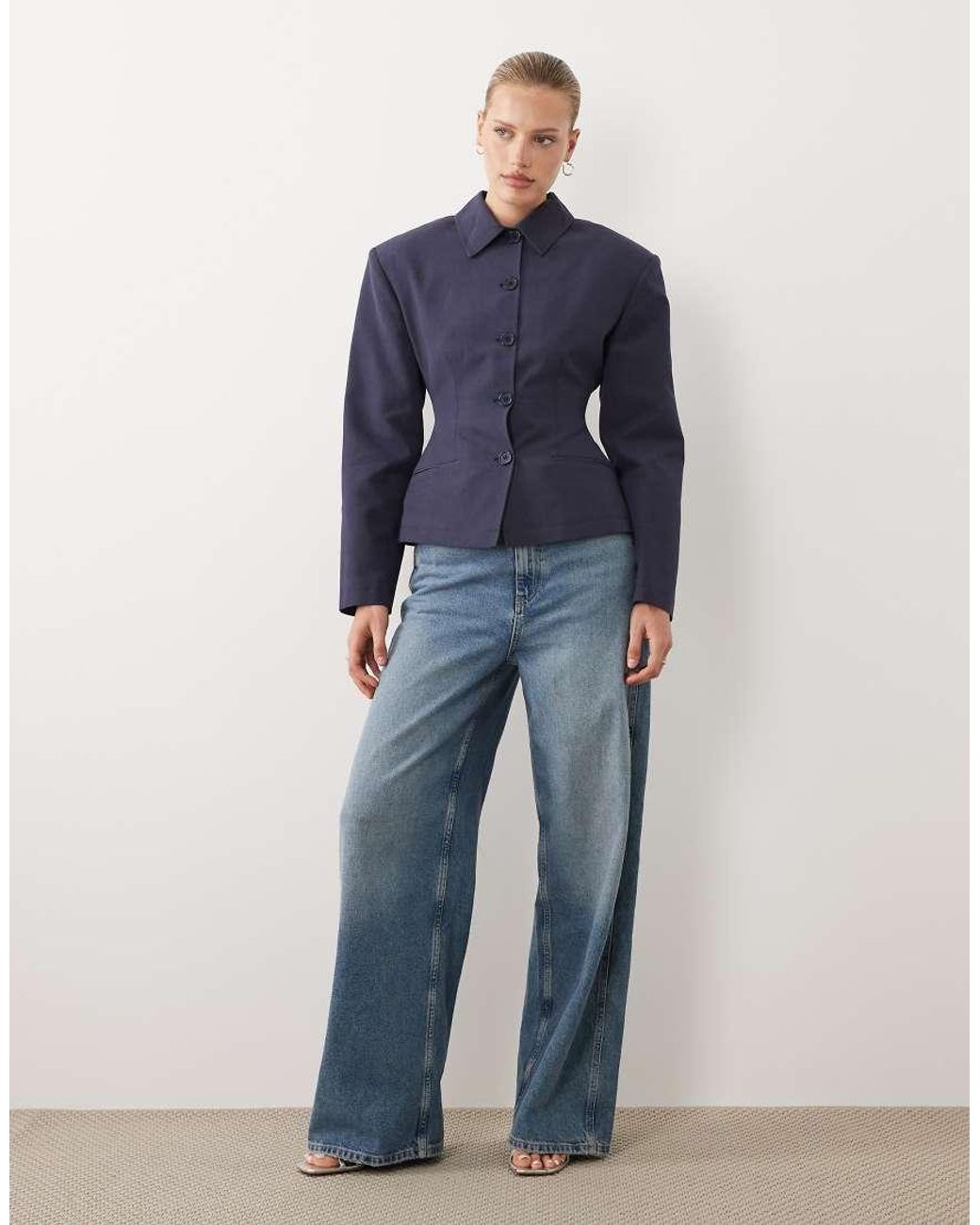 ASOS Blue Button Through Linen Look Cinch Blazer
