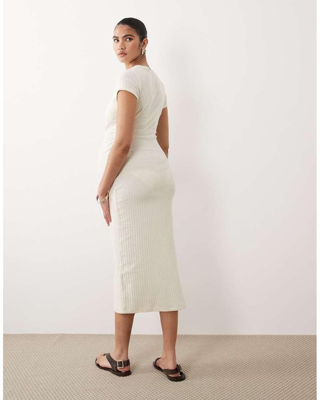 ASOS Natural Asos Design Maternity Ribbed Cap Sleeve Ruched Midi Dress