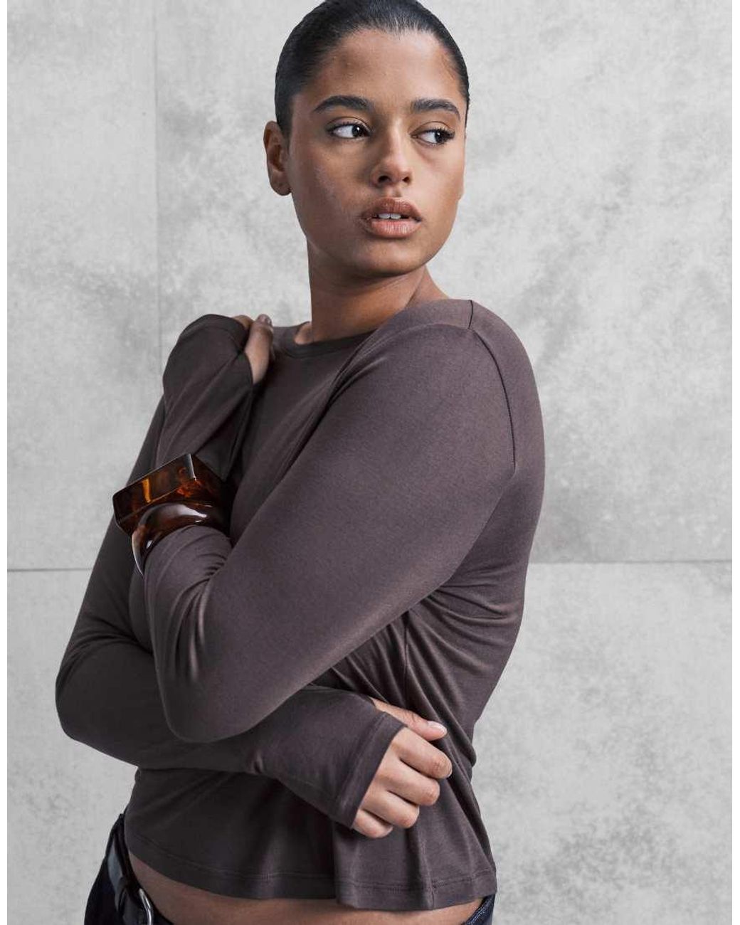 ASOS Gray Asos Design Curve Semi Sheer Long Sleeve Top