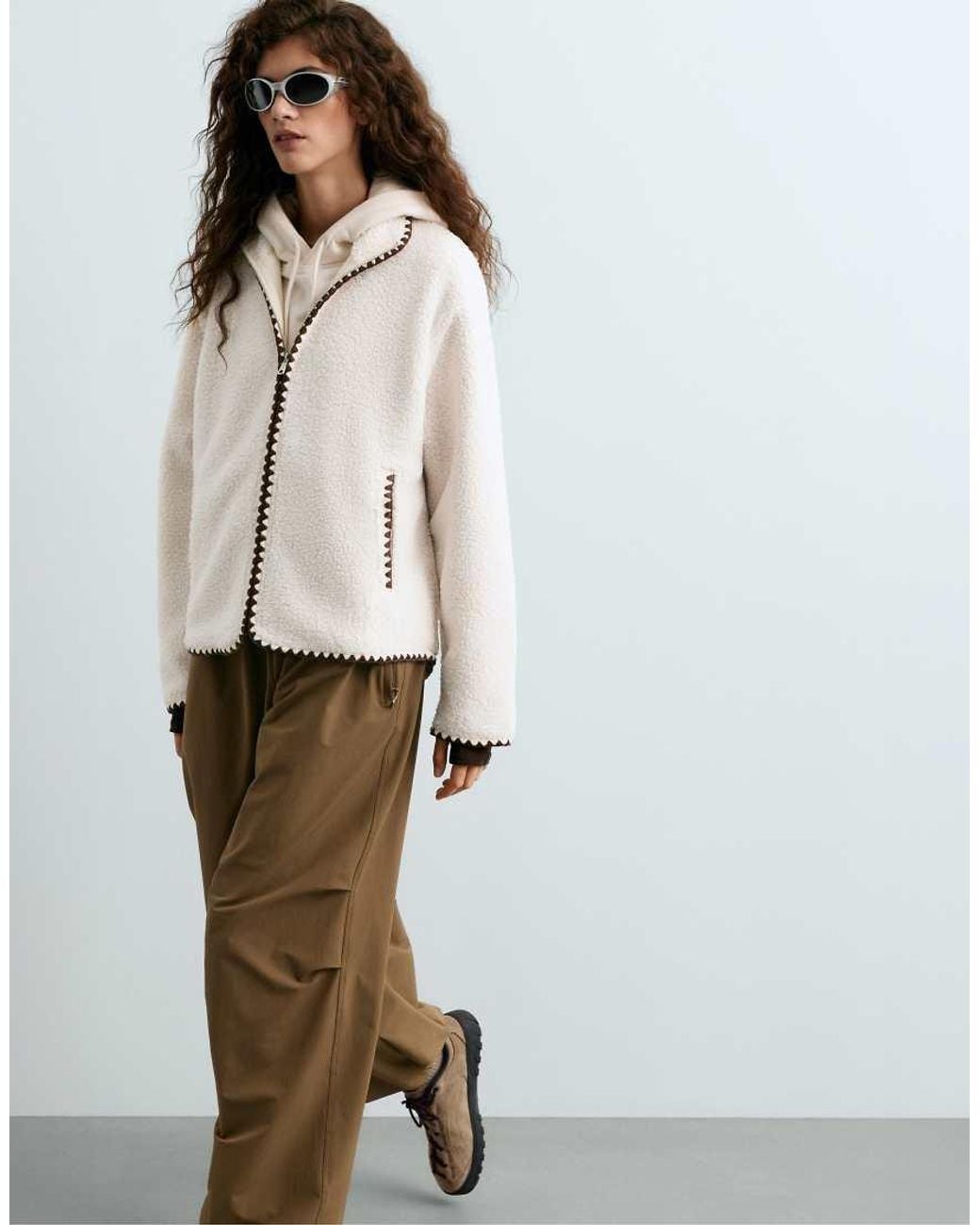 Oysho White High-neck Faux-shearling Jacket With Contrast Stitching
