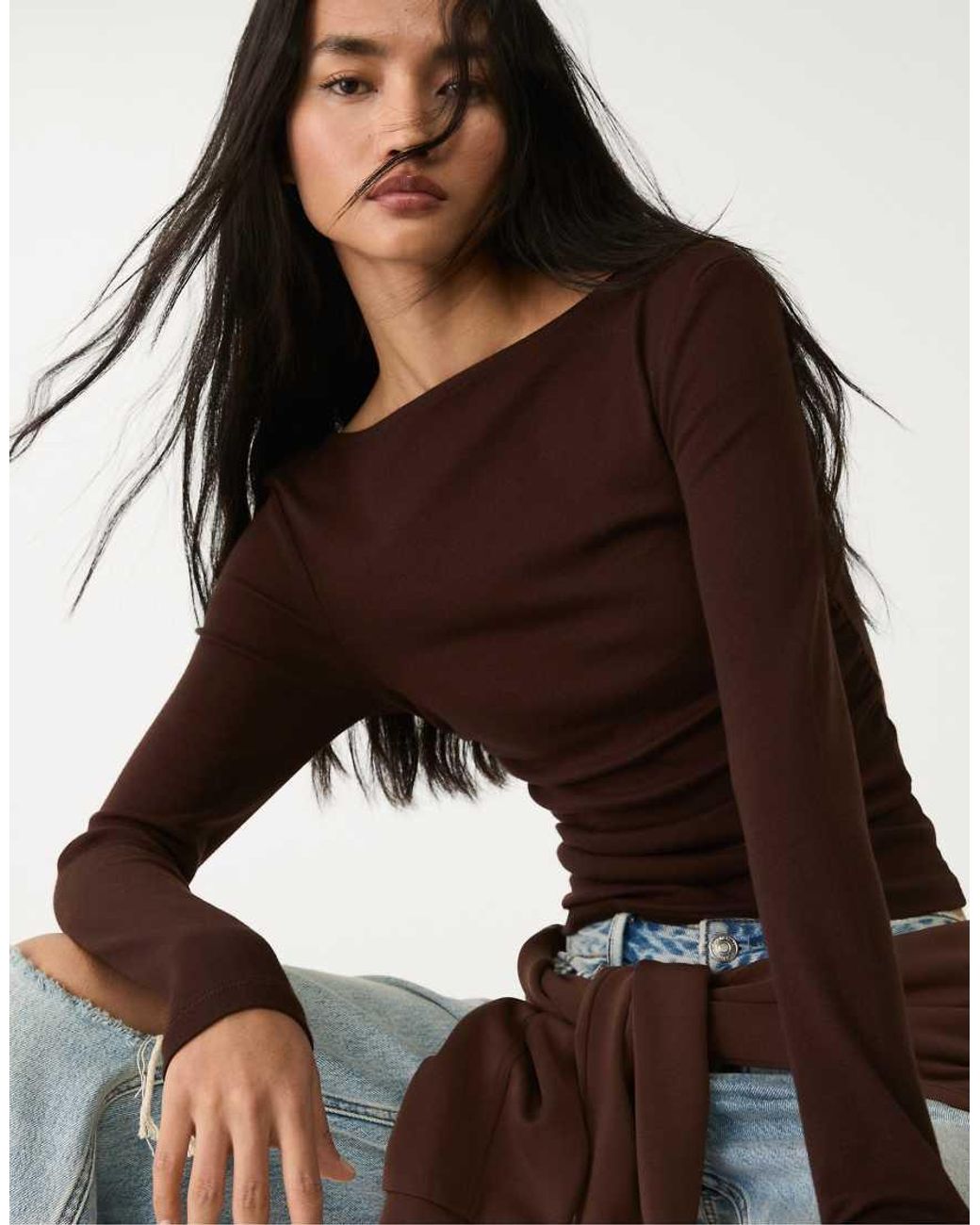 Stradivarius Brown Long Sleeve T-Shirt With Gathering