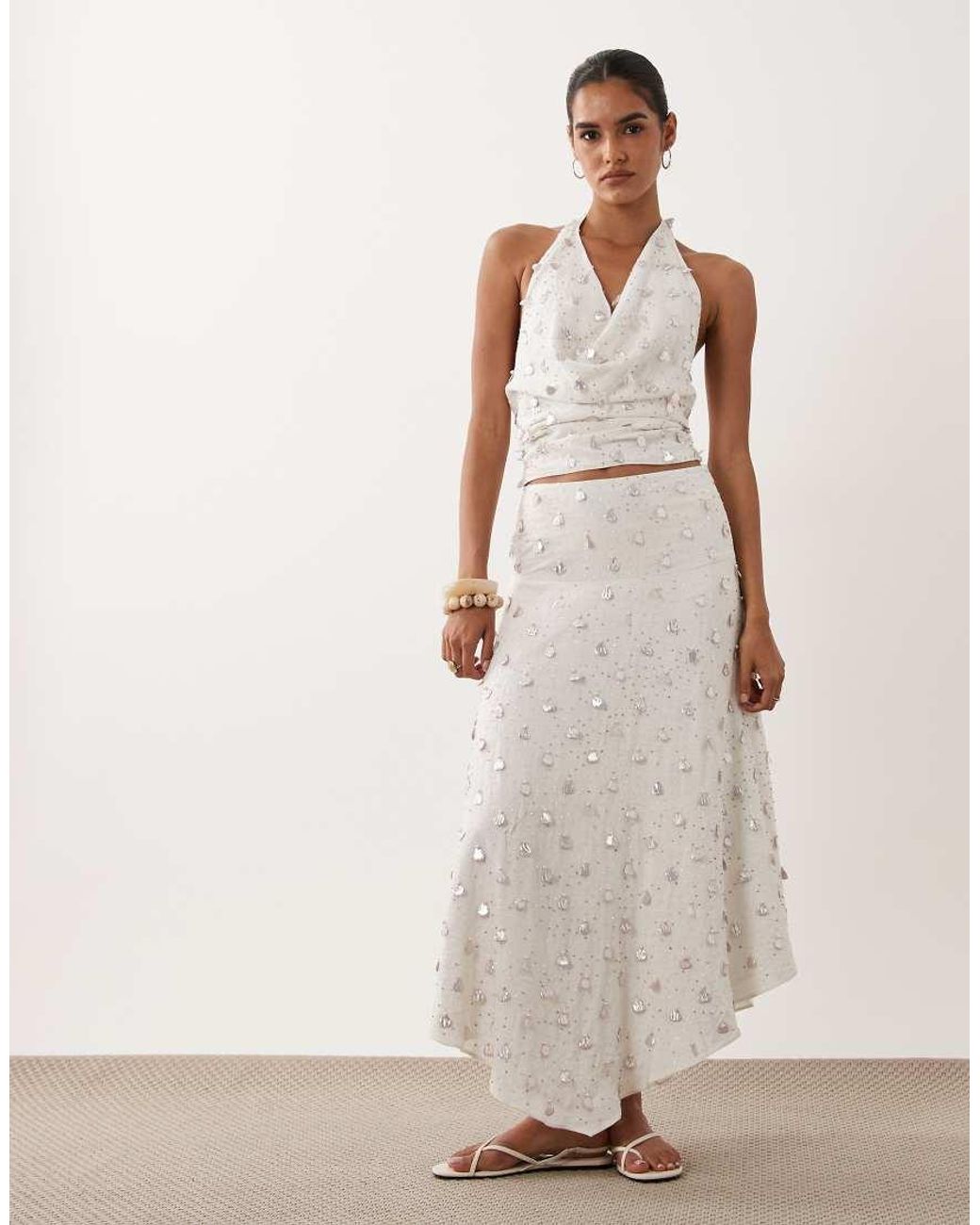 ASOS Natural Dropped Waist Embellished Co-Ord Midi Skirt