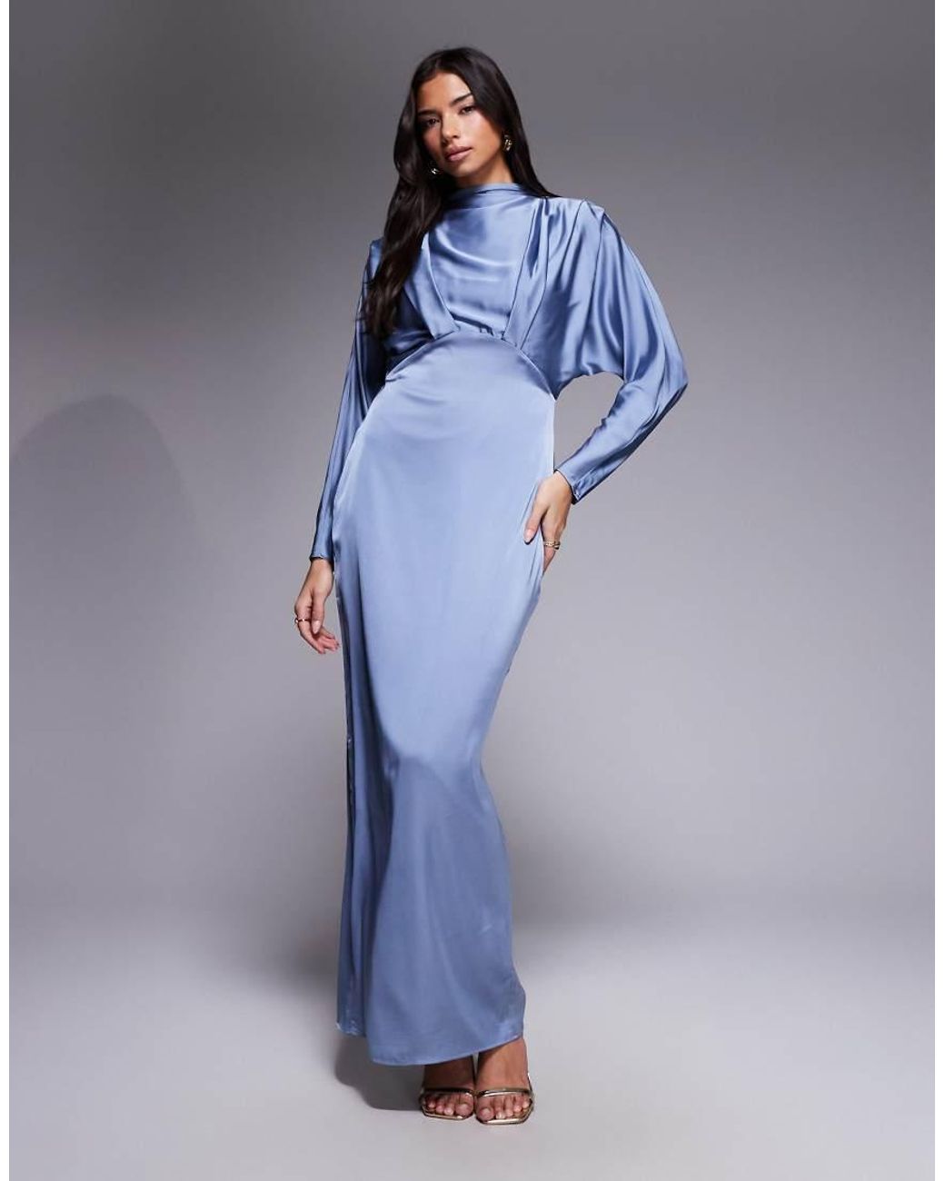 TFNC London Blue Satin High Neck Tuck Detail Maxi Dress