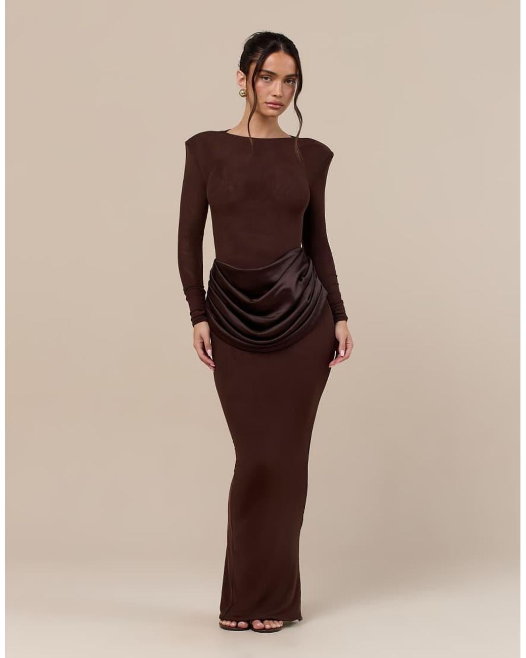 Wanderdoll Natural Eman Sculpted Slash Neck Satin Drape Waist Detail Bodycon Maxi Dress