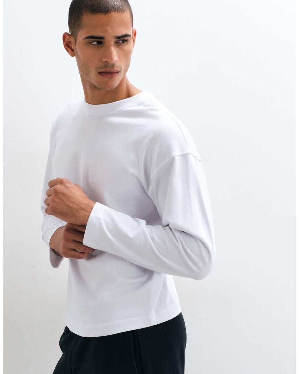4505 White Heavyweight Cotton Shrunken Boxy Fit Long Sleeve T-shirt With Quick Dry Finish for men
