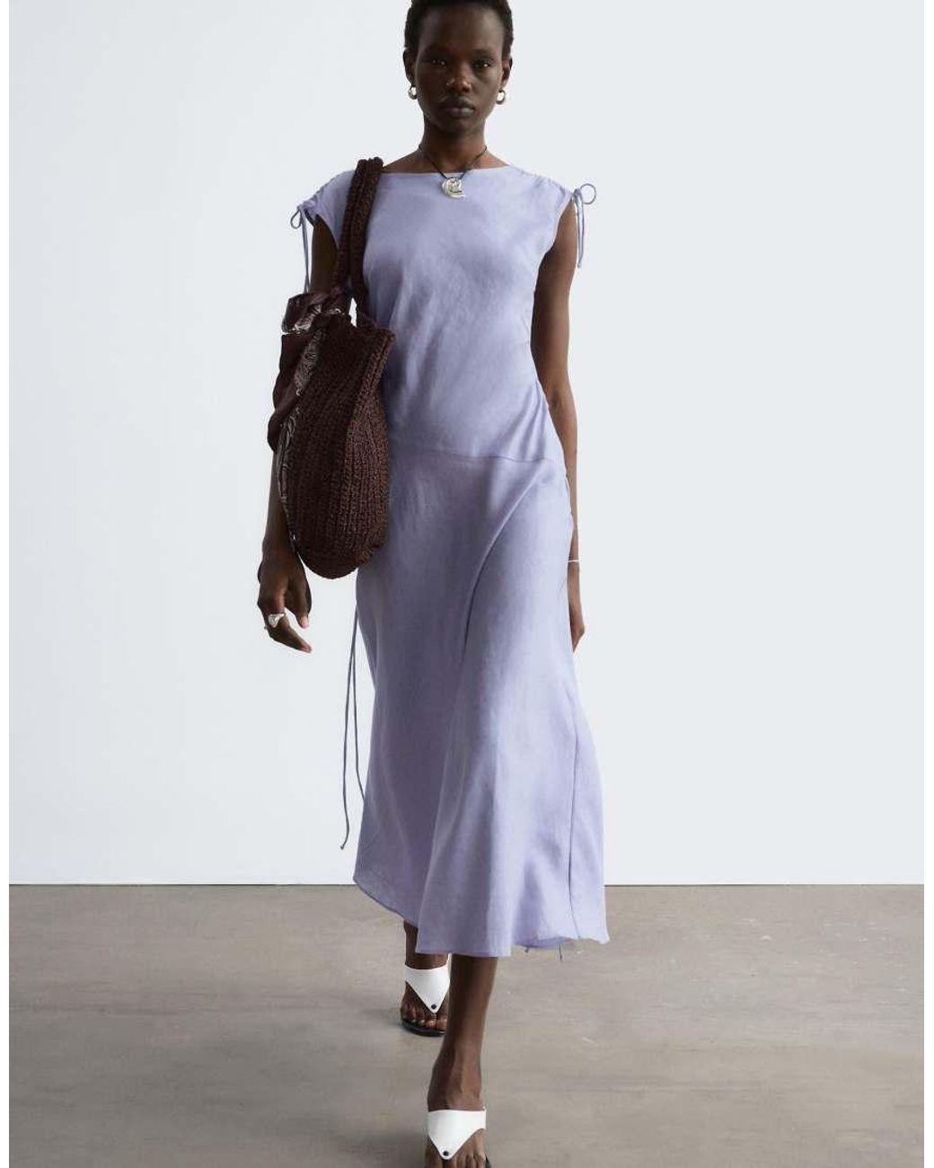 & Other Stories Purple Linen Midi Dress With Asymmetric Hem