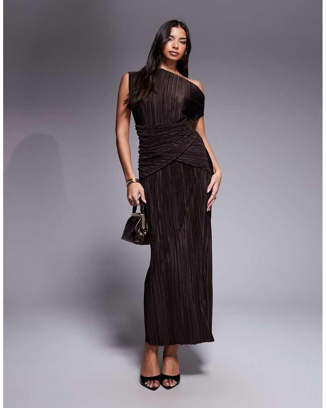 ASOS Brown Plissé Fallen Shoulder Pencil Maxi Dress With Twisted Waist Detailing