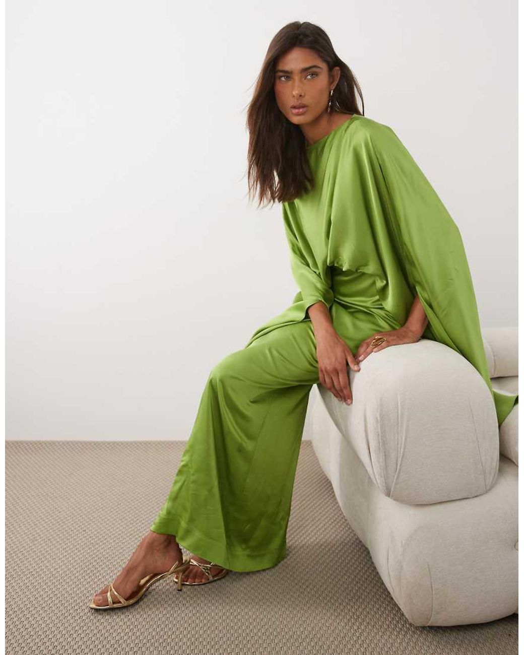 Mango Green Drape Detail Satin Half Sleeve Maxi Dress
