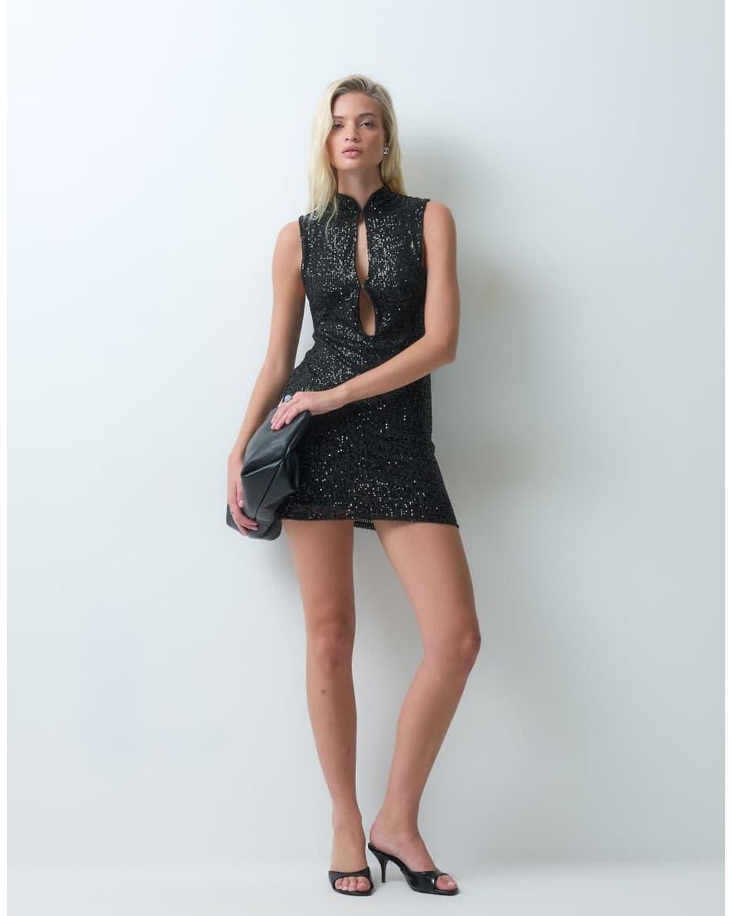 ASOS Black Sleeveless Mandarian Cut Out Sequin Mini Dress