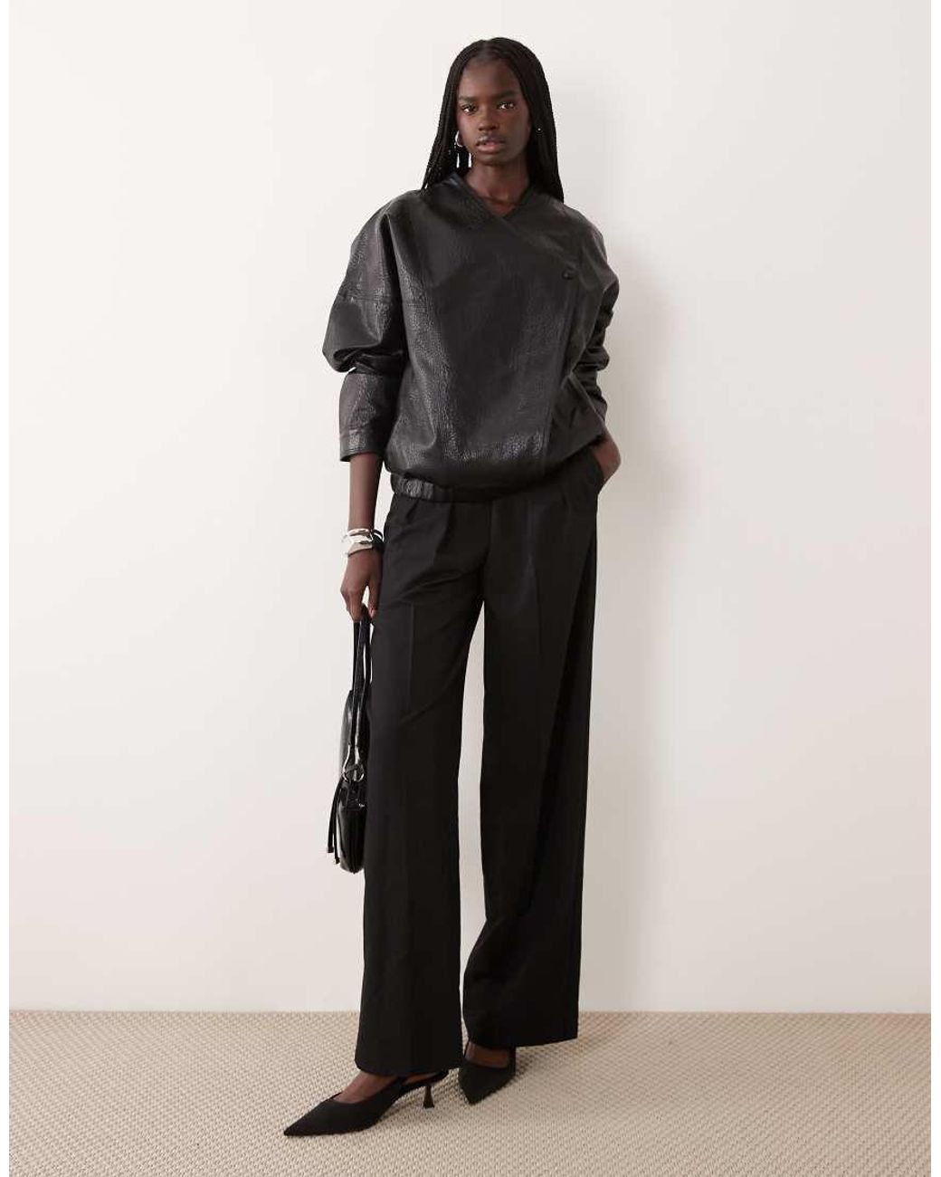 Jdy Gray Oversized V-Neck Faux Leather Jacket