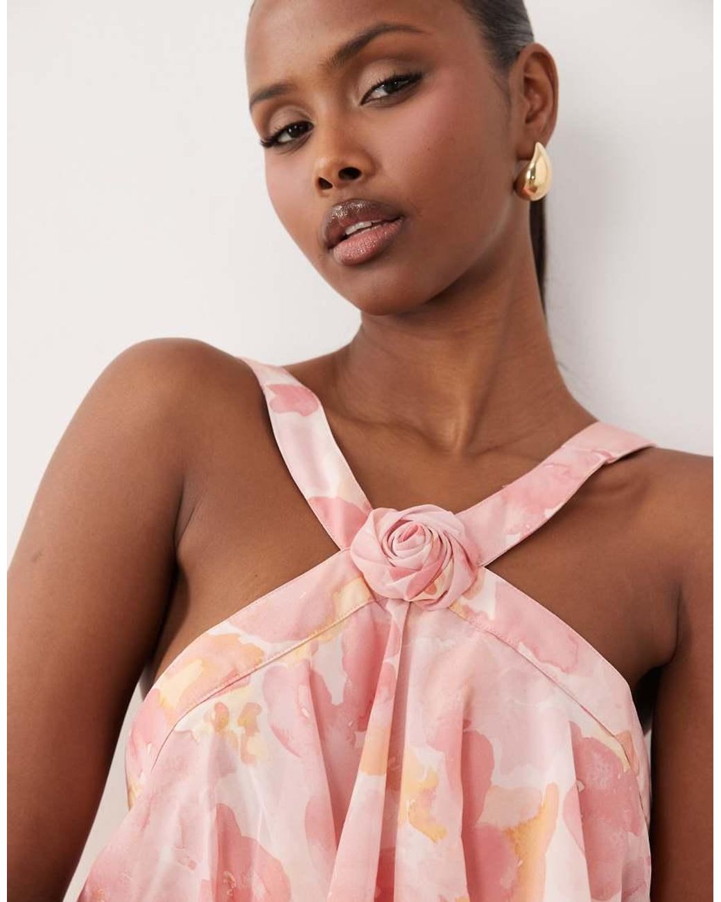 Vero Moda Pink Felicia Halterneck Tiered Maxi Dress With Corsage Detail