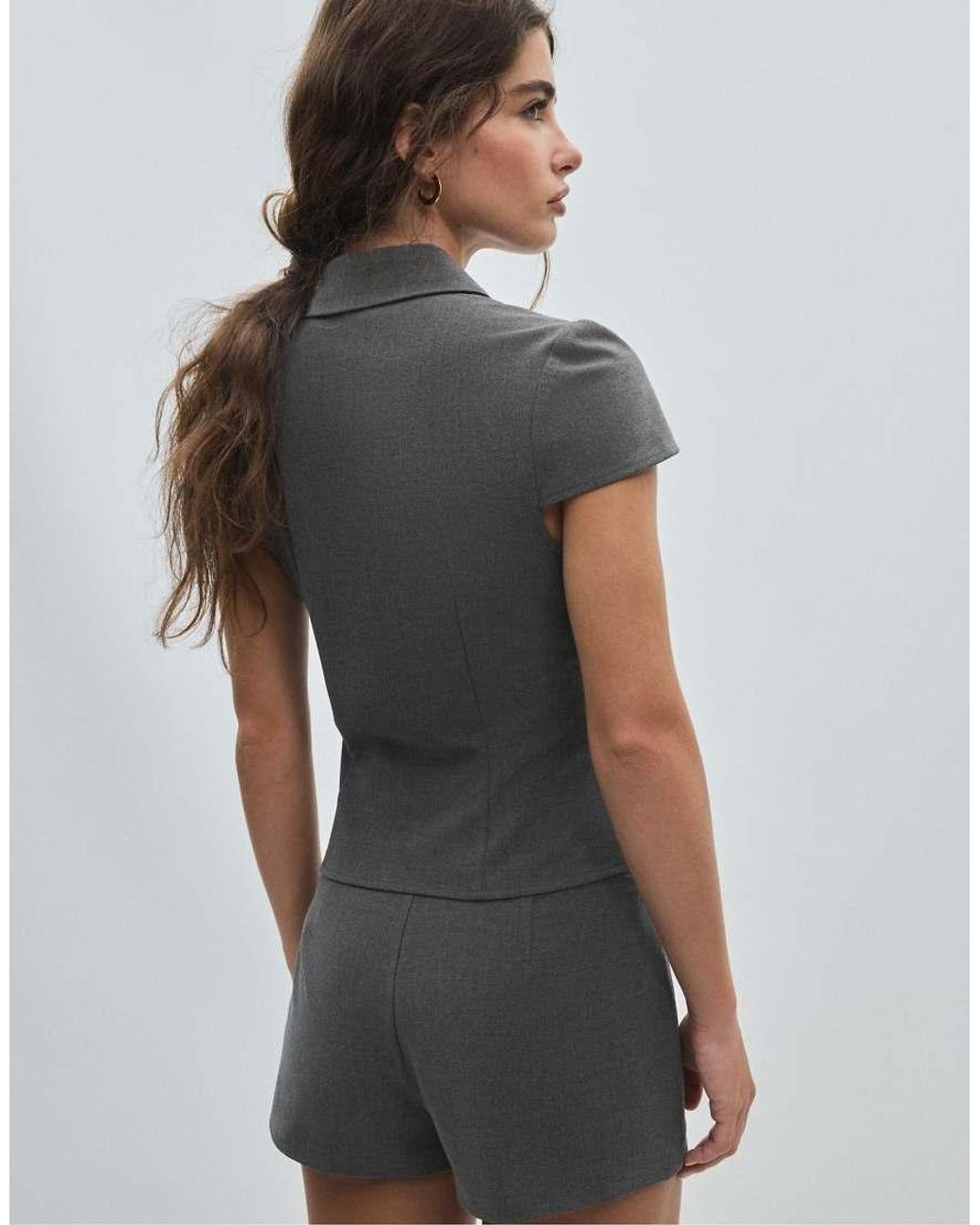 Stradivarius Gray Double-breasted Short Sleeve Shirt