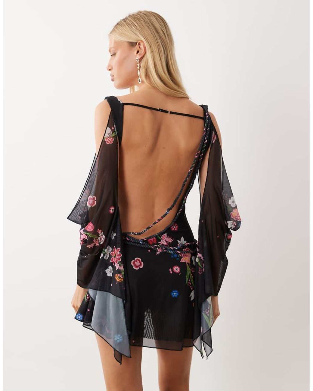I.AM.GIA Black Eriska Chiffon Plunge Off Shoulder Mini Dress With Open Back Detail