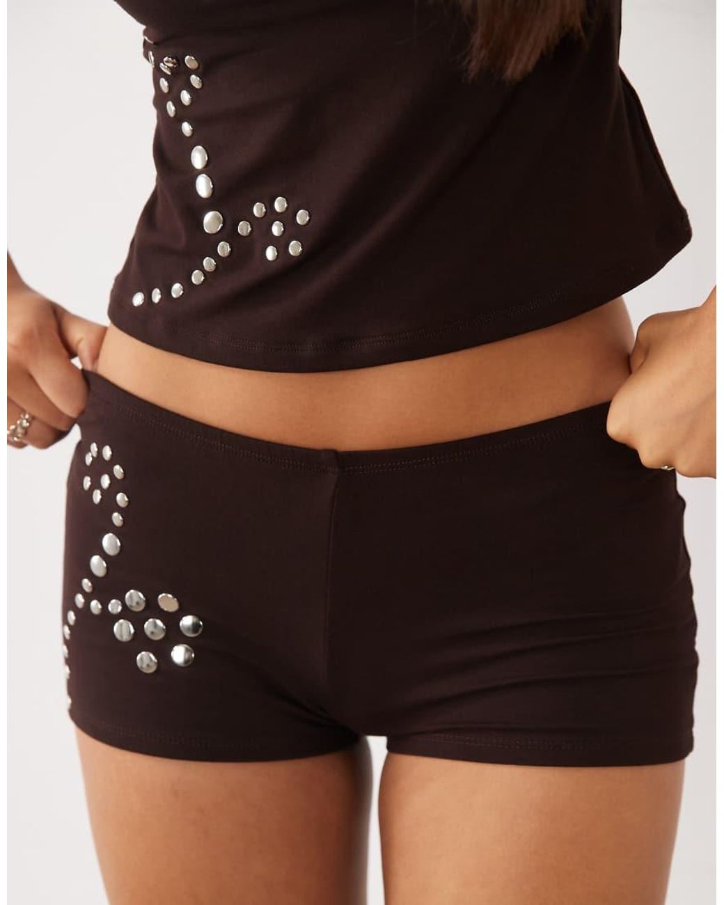 Motel Brown Keuni Mini Short With Flower Stud Detail