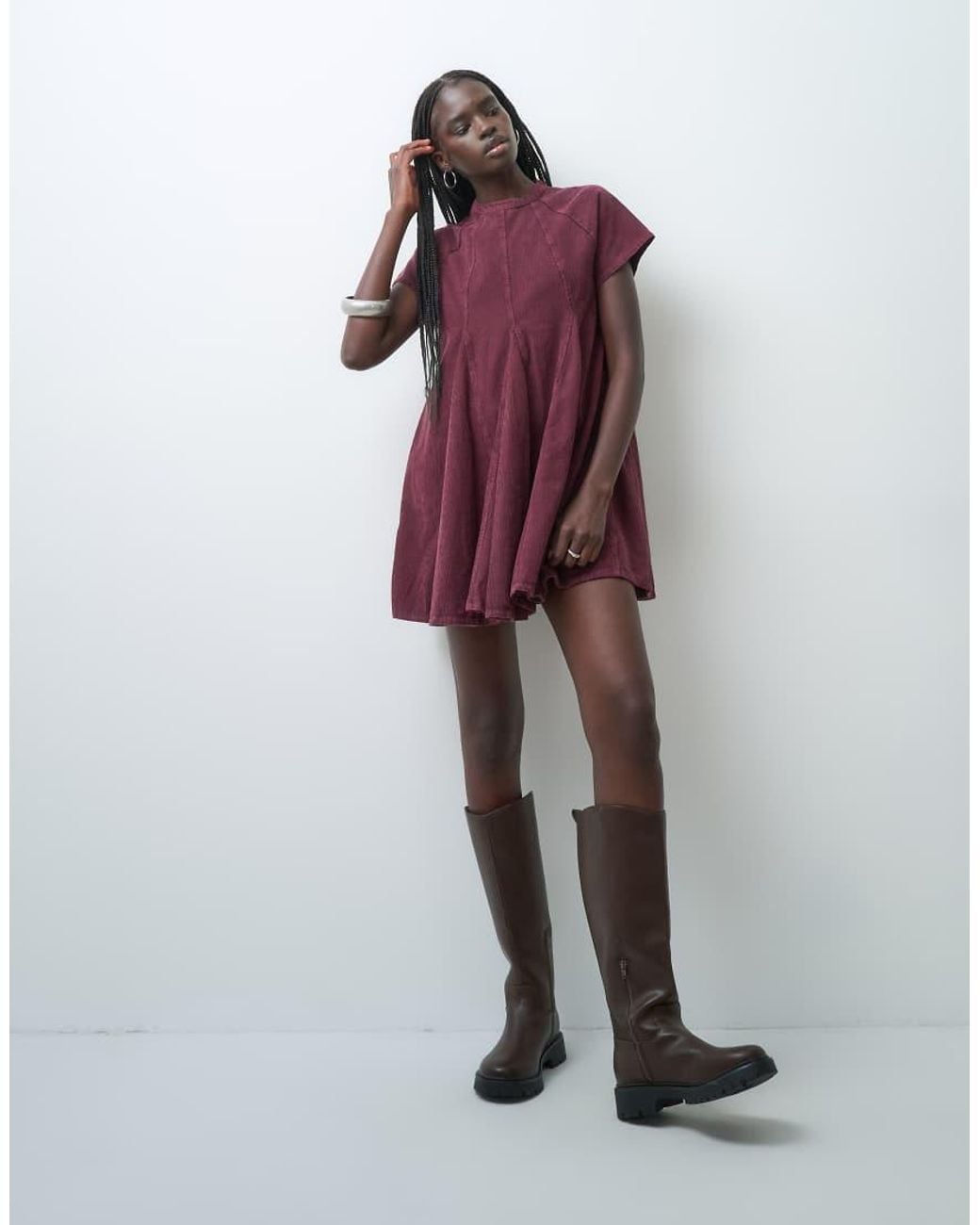 ASOS Purple Cord Godet Mini T-shirt Dress With High Neck Washed Burgundy