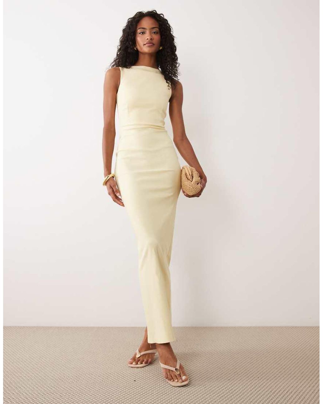 Vesper Natural Bengaline Cowl Back High Neck Maxi Dress