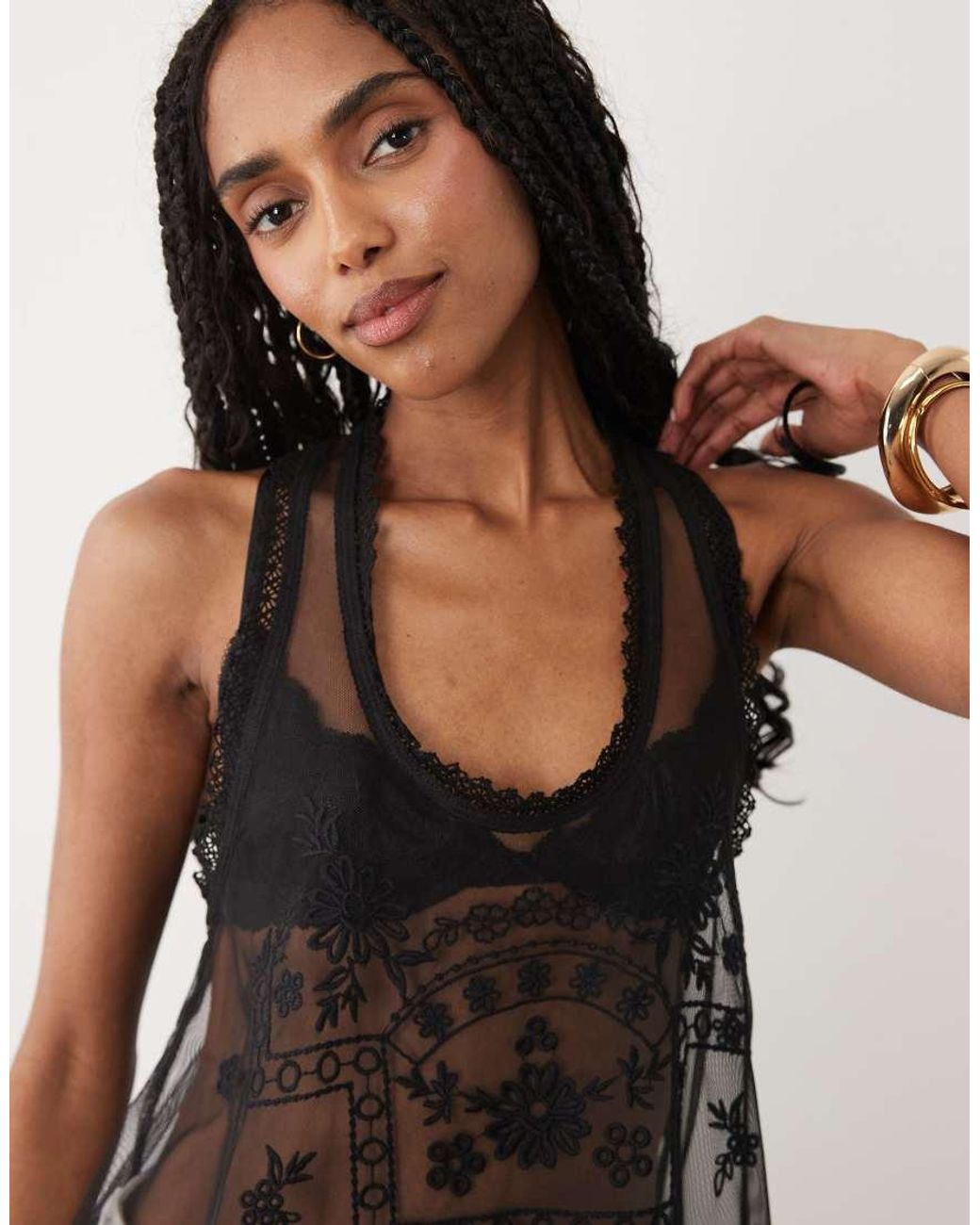 Miss Selfridge Black Embroidered Mesh Cami Top
