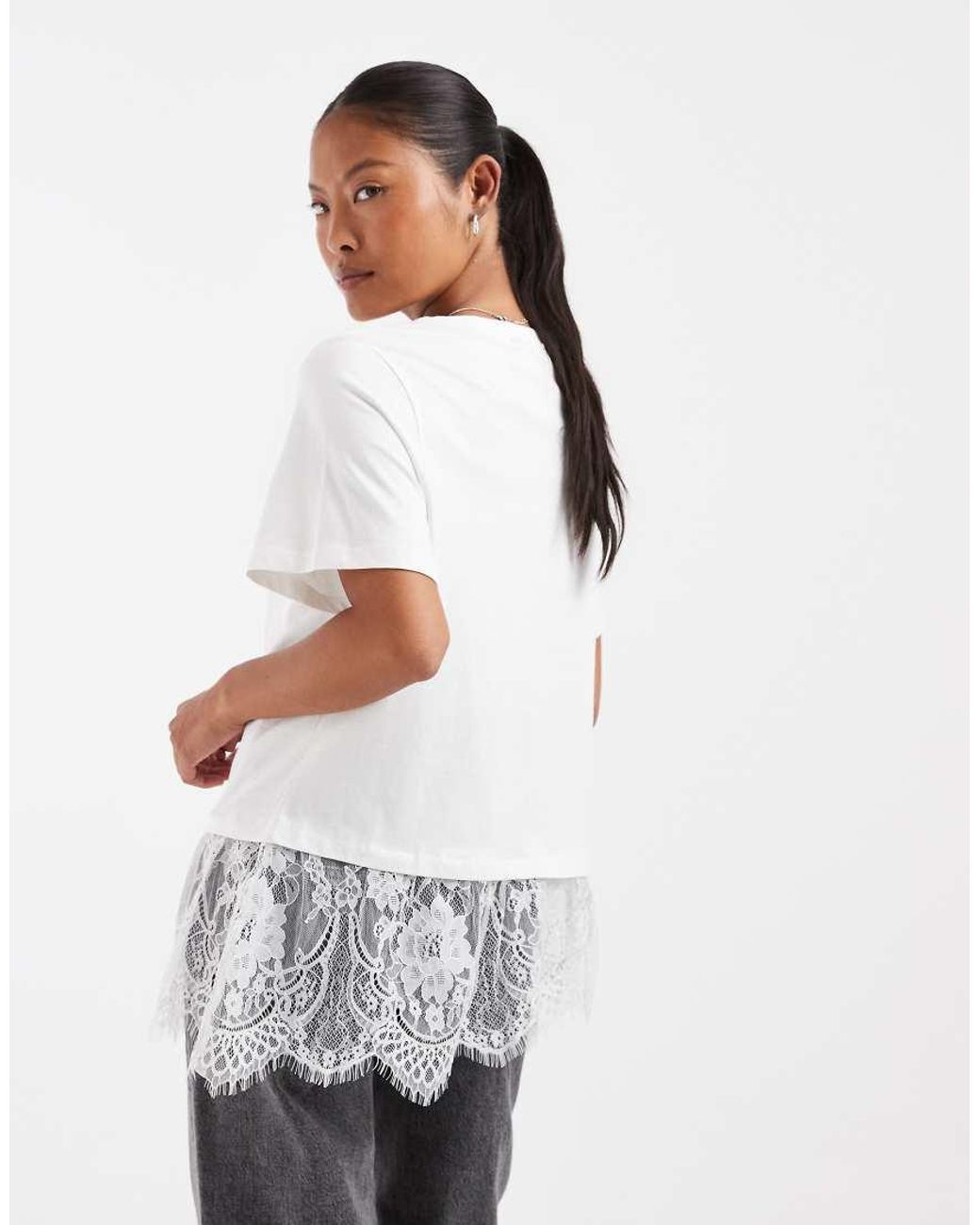 Vero Moda White T-Shirt With Asymmetric Lace Detail