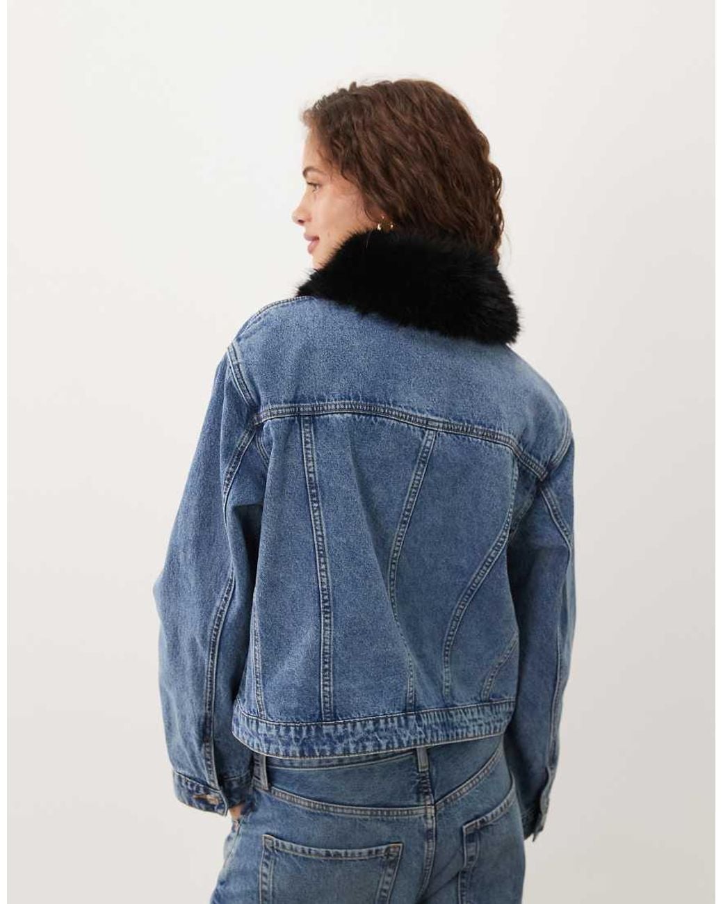 ASOS Blue Denim Jacket With Frogging Detail And Fur Collar