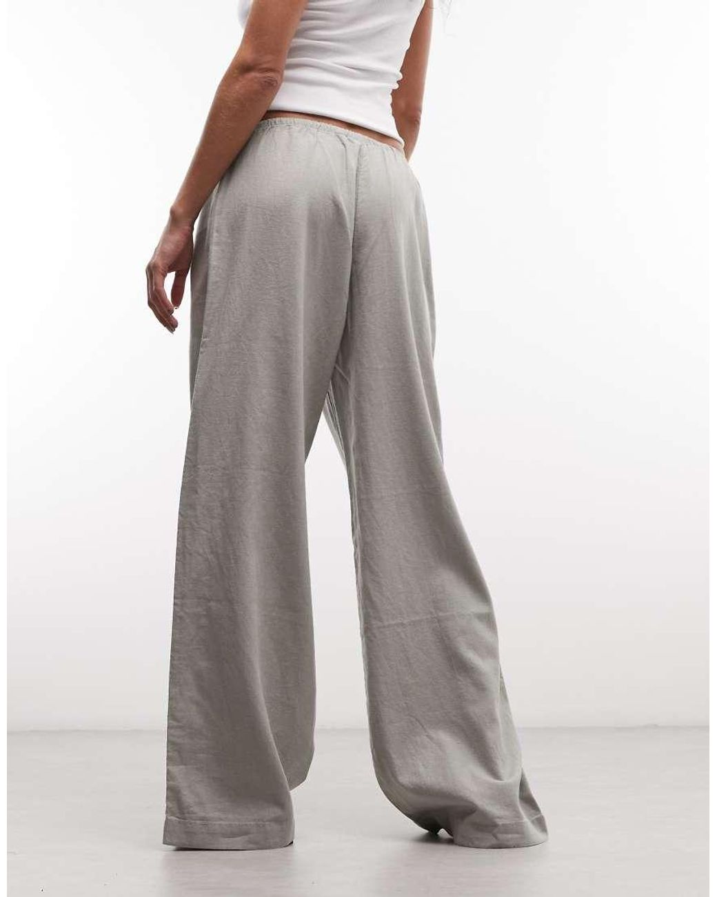 Weekday Gray Pull On Linen Mix Wide Leg Trousers