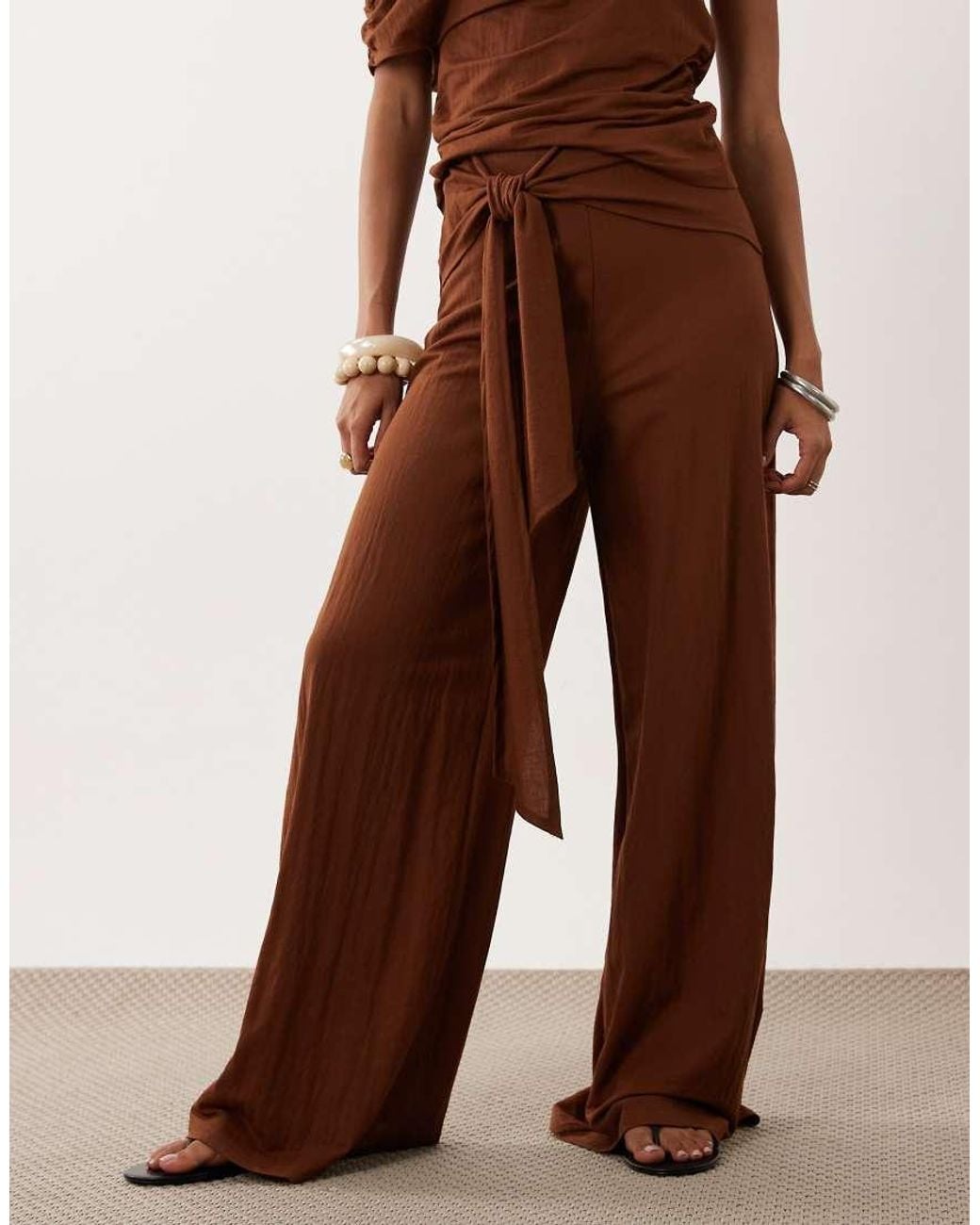 ASOS Brown Linen Look Sarong Detail Wide Leg Trouser Co-ord