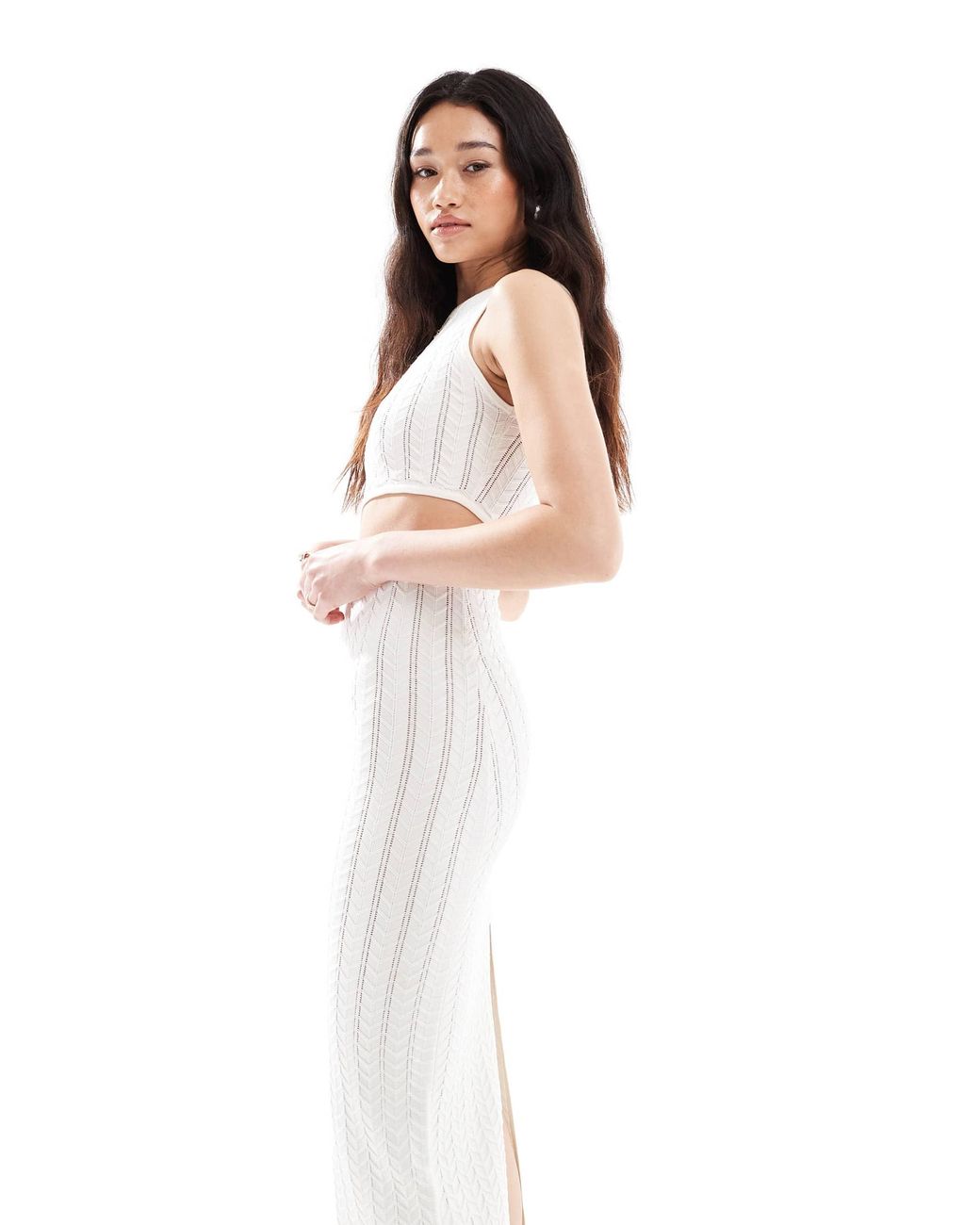 bershka white cut out dress Bershka Knitted Cut Out Front Maxi Dress in White