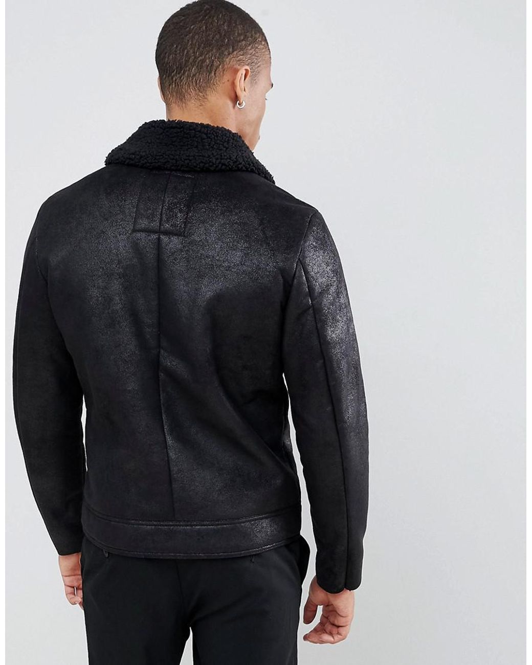 Men S Black Originals Faux Leather Flight Jacket With Full Teddy Lining