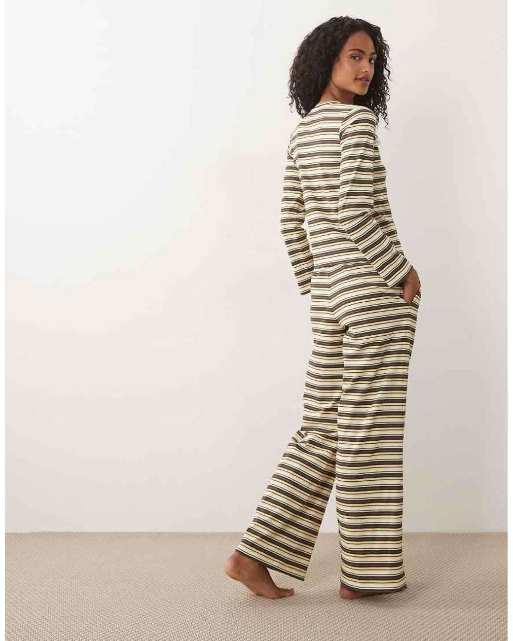 Brave Soul Brown Button Down Long Sleeve Stripe Pyjama Set