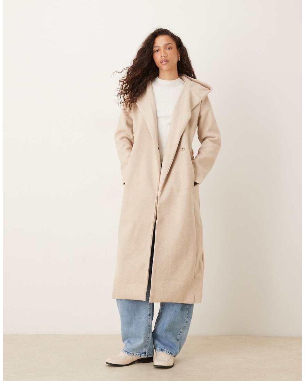 Brave Soul Natural Longline Hooded Coat With Belt