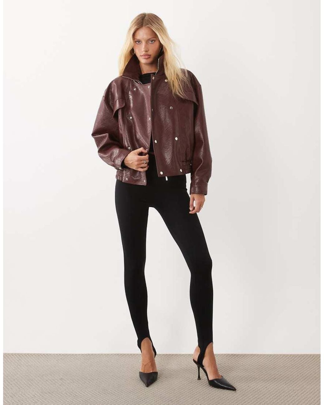 Kaiia Brown Exclusive Faux Leather Funnel Neck Bomber Jacket