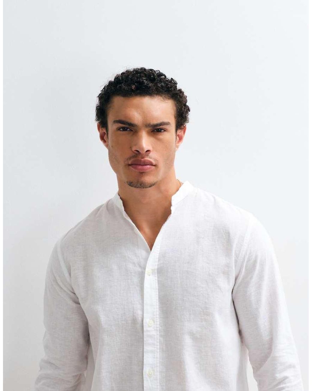 Only & Sons White Linen Mix Grandad Collar Shirt for men