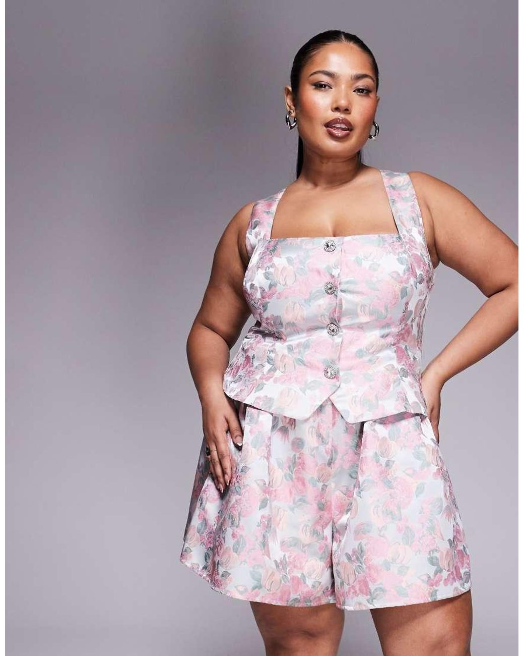 ASOS Pink Curve Jacquard Playsuit With Embellished Buttons