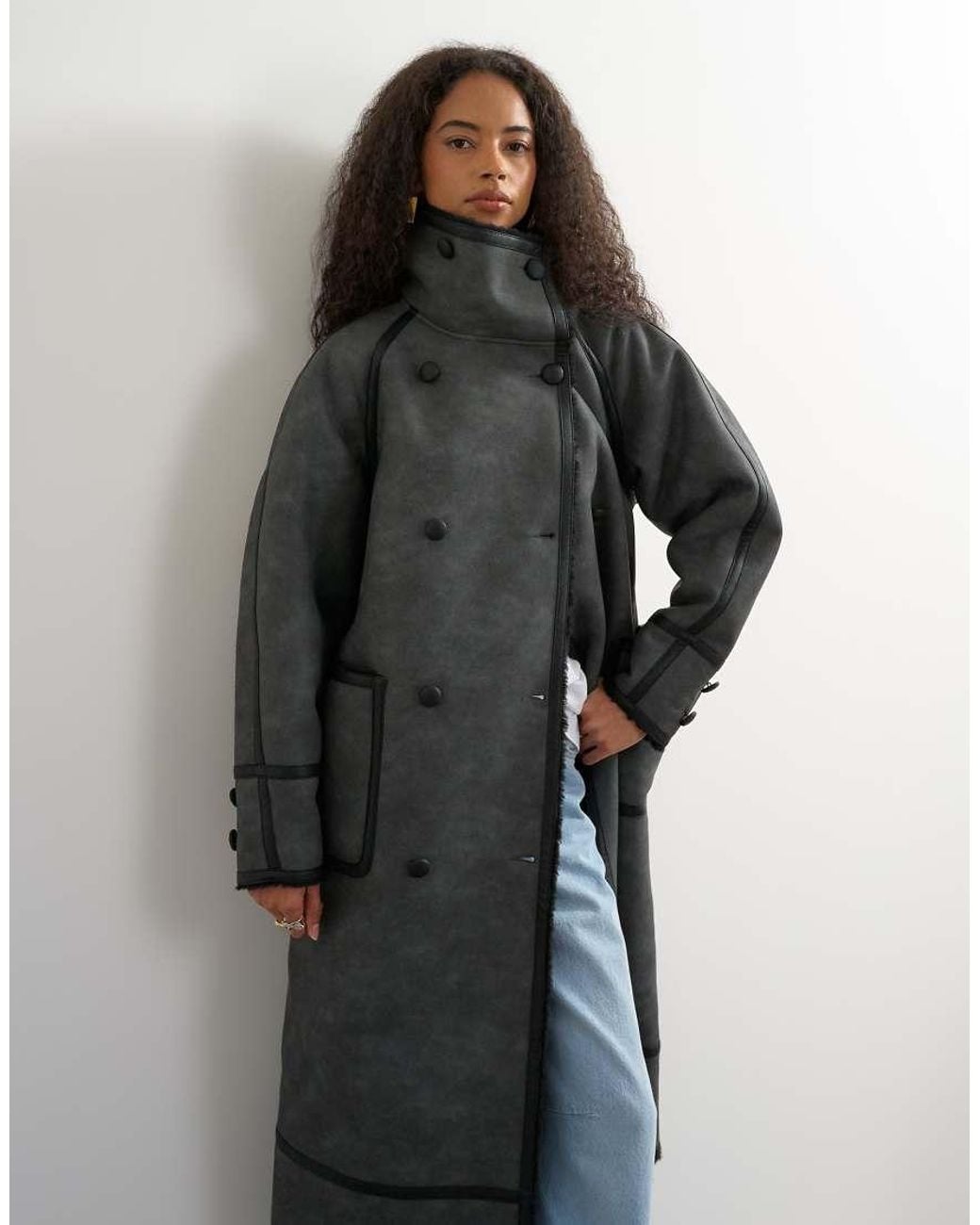 TOPSHOP Black Longline Faux Leather Funnel Neck Coat