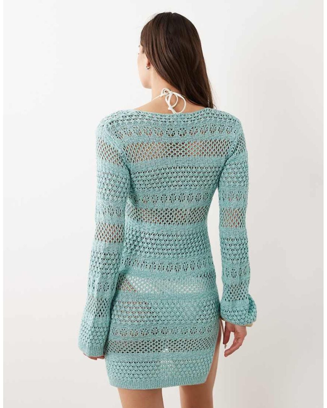 River Island Blue Long Sleeve Metallic Knitted Beach Dress