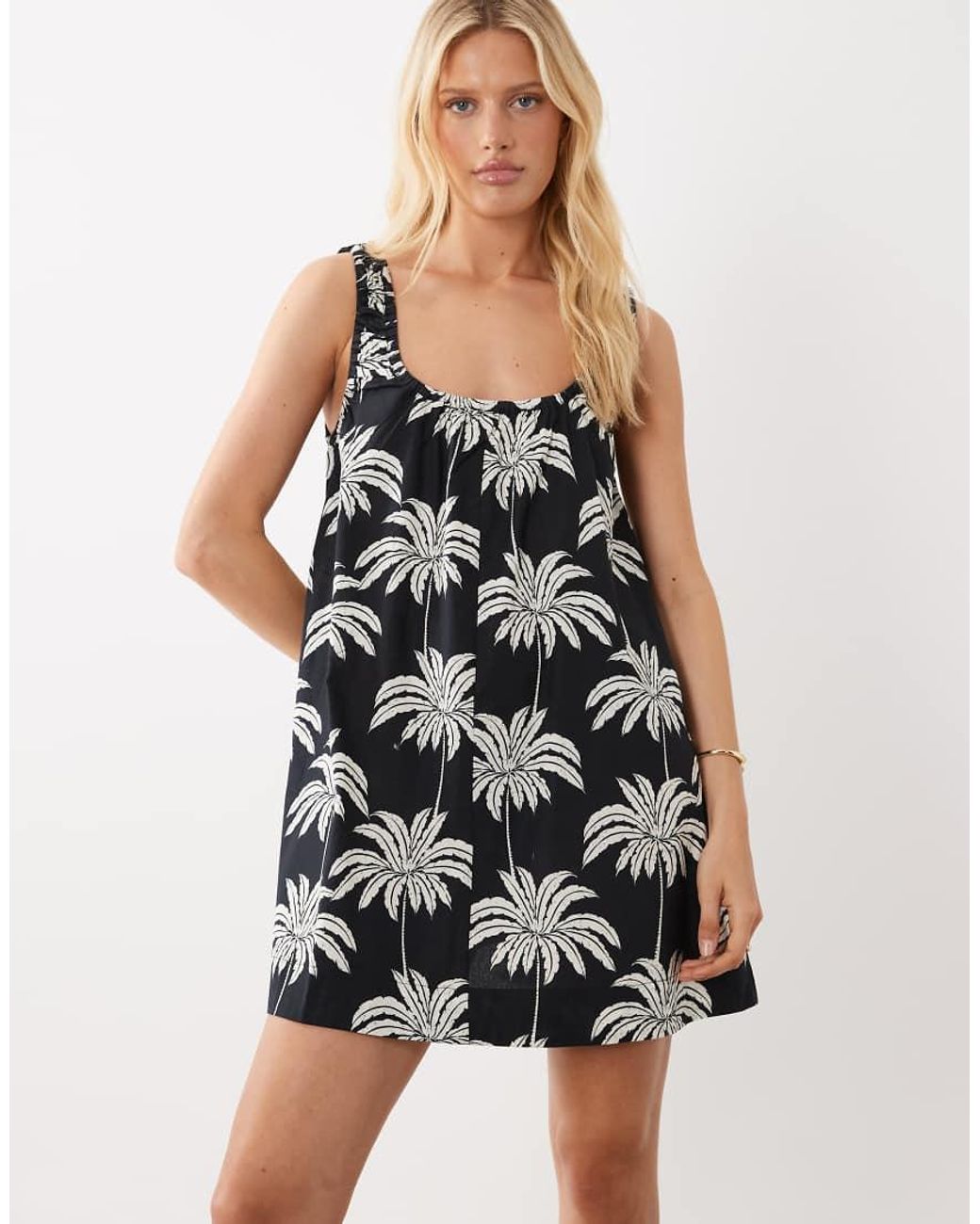 Vila White Ruched Strap Palm Print Cami Mini Dress