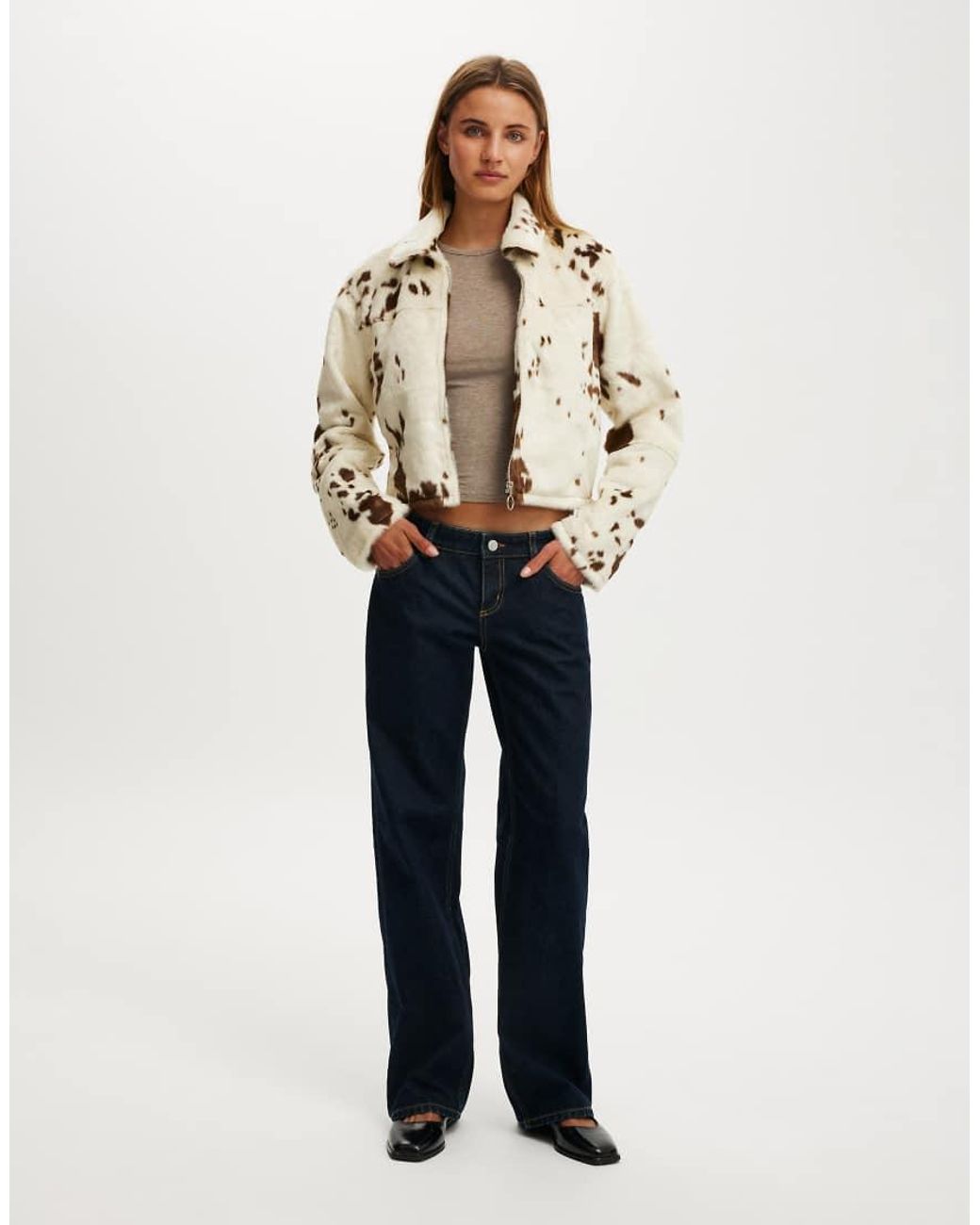 Cotton On Natural Cow Faux Fur Jacket