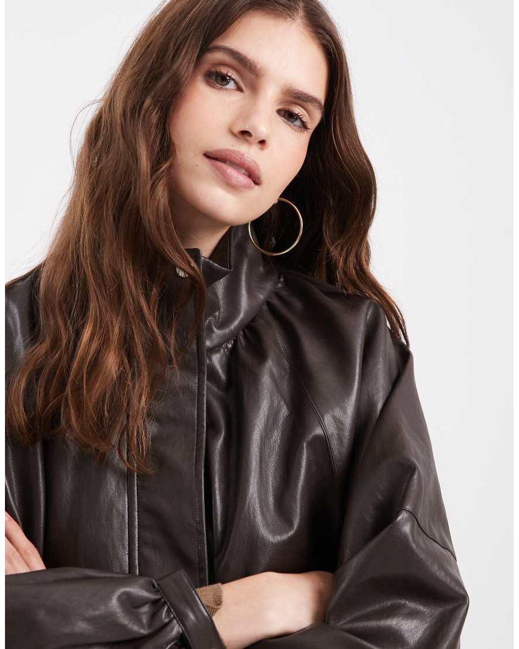 ONLY Brown Funnel Neck Faux Leather Bomber Jacket