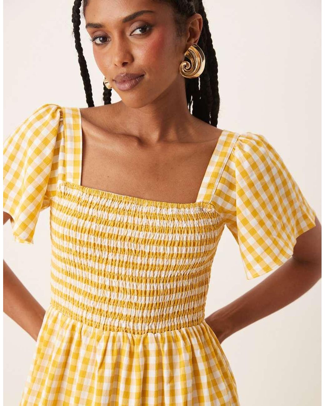 Lovedrobe Natural Gingham Square Neck Short Sleeve Midaxi Dress