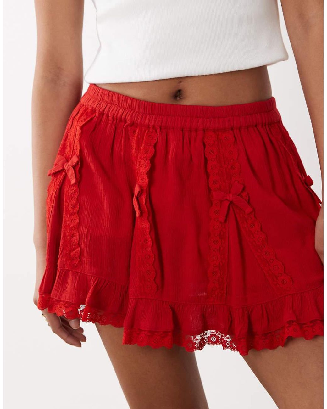 Miss Selfridge Red Cheesecloth Mini Skirt With Bows