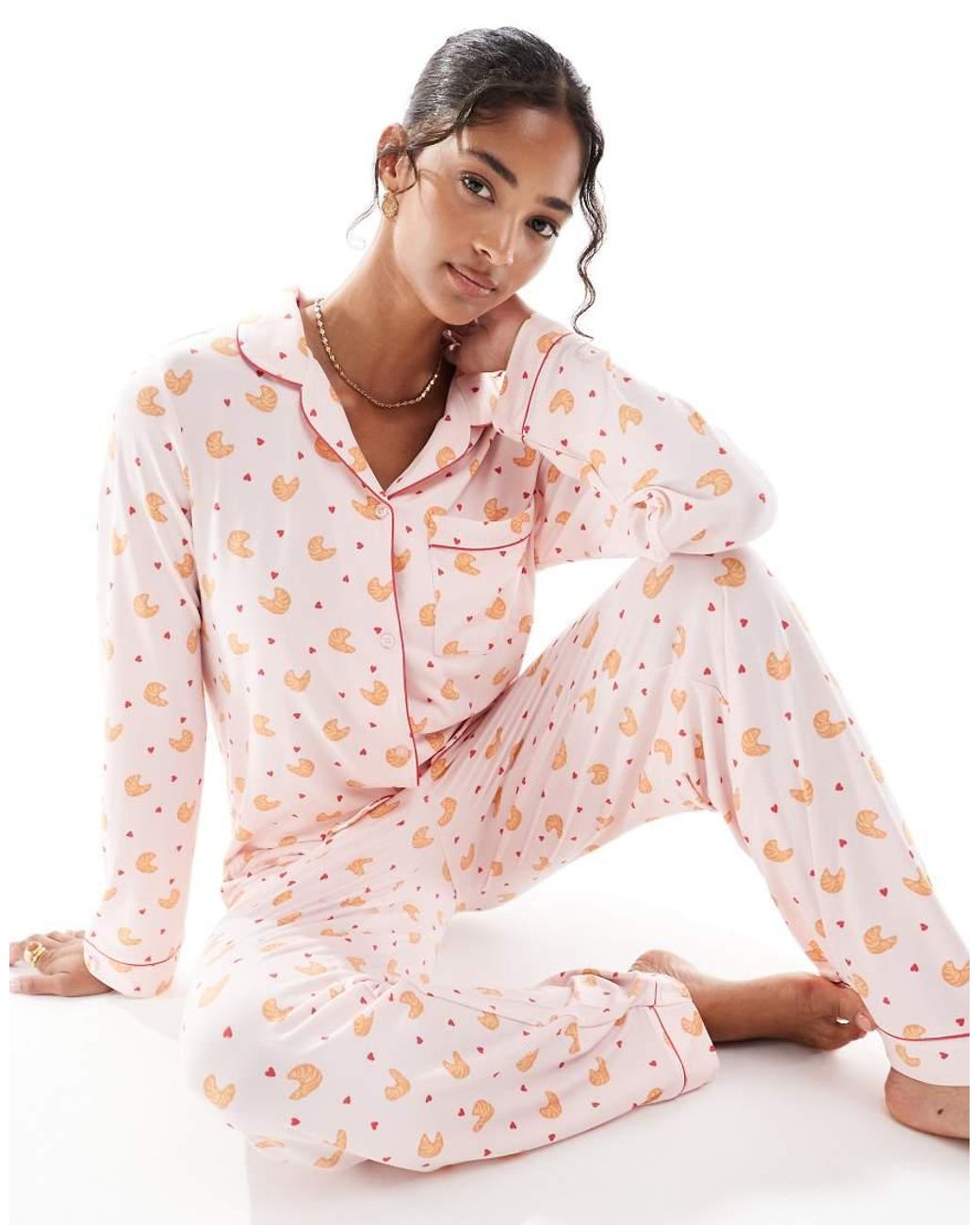 Chelsea Peers Pink Poly Long Sleeve Revere Pyjama Set