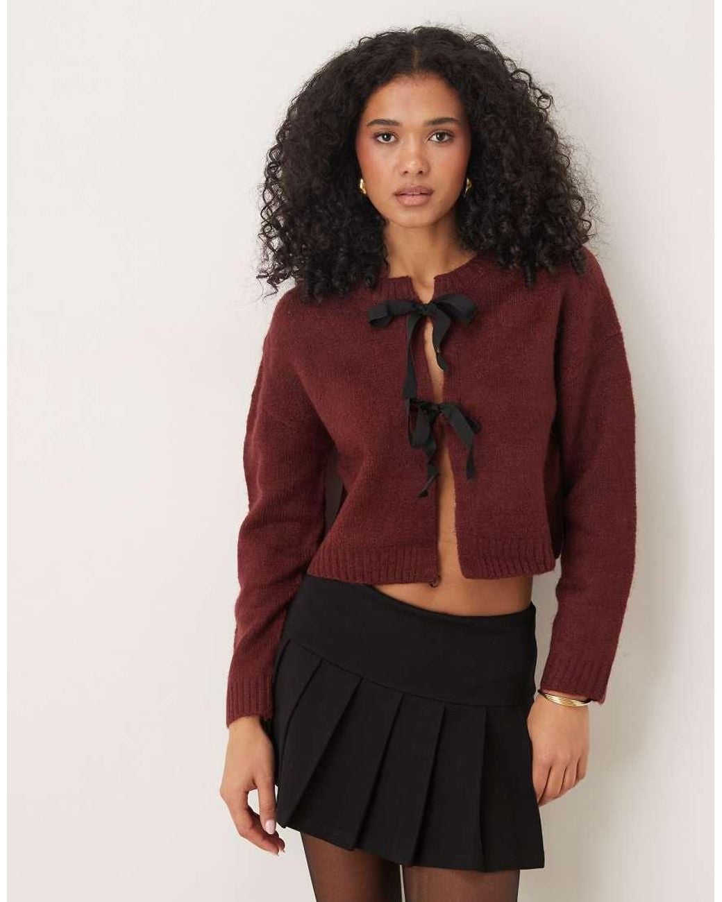 Brave Soul Red Cropped Cardigan With Black Ribbon Ties