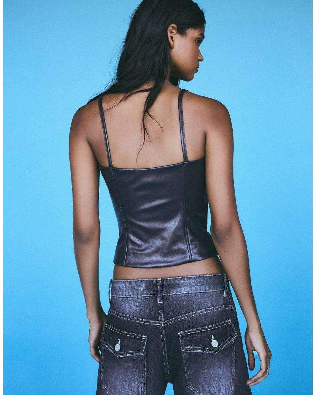 Bershka Blue Leather Effect Sweetheart Neckline Camisole Top