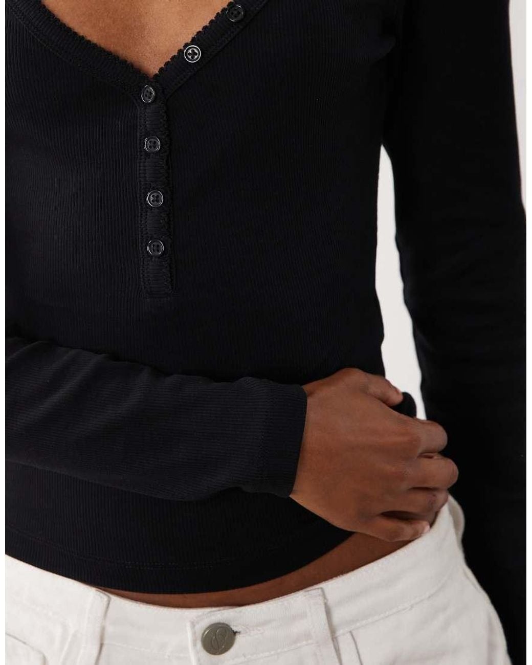 Miss Selfridge Black Long Sleeve V Neck Henley Top