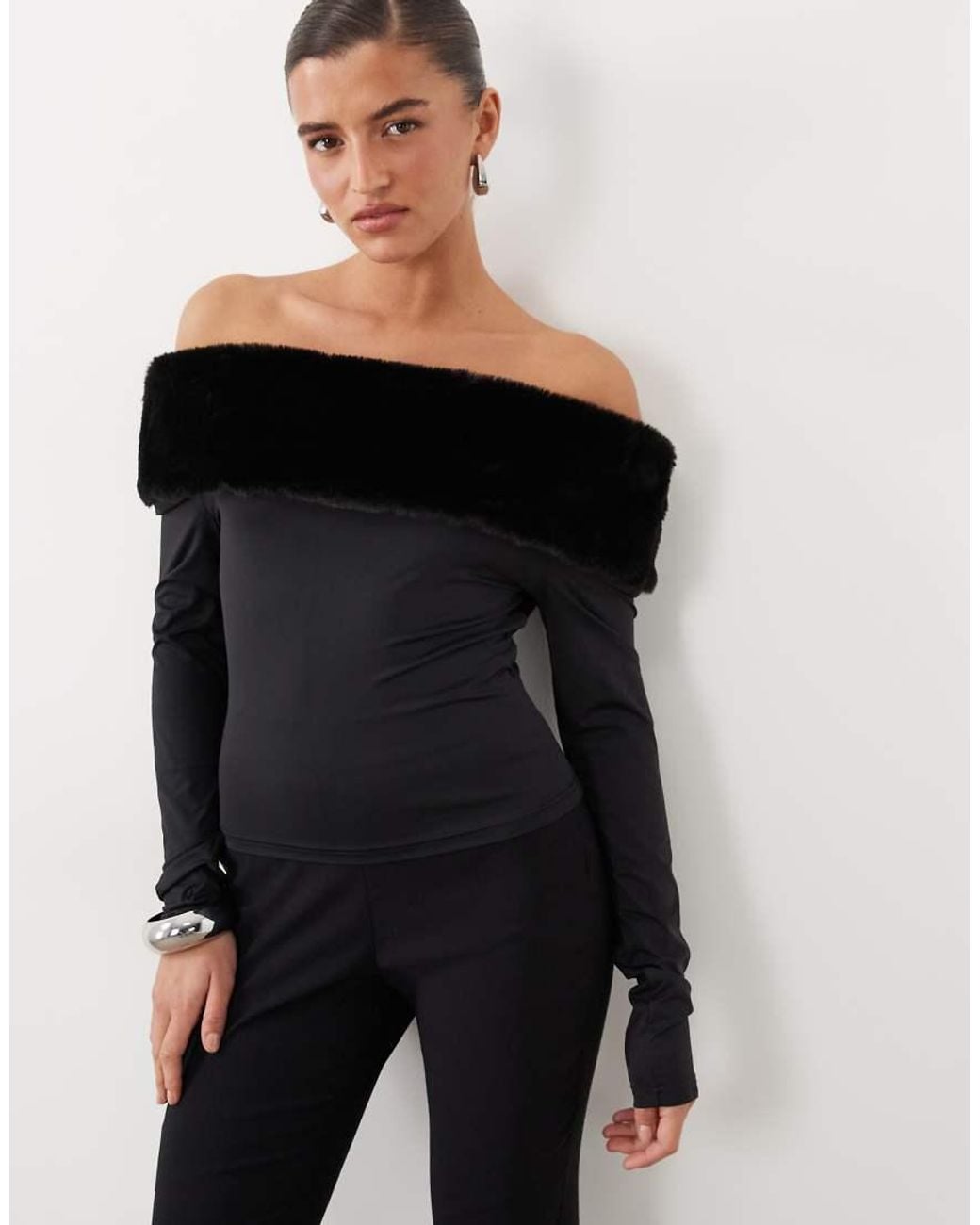 Lioness Blue Waldorf Knitted Faux Fur Trim Bardot Long Sleeve Top