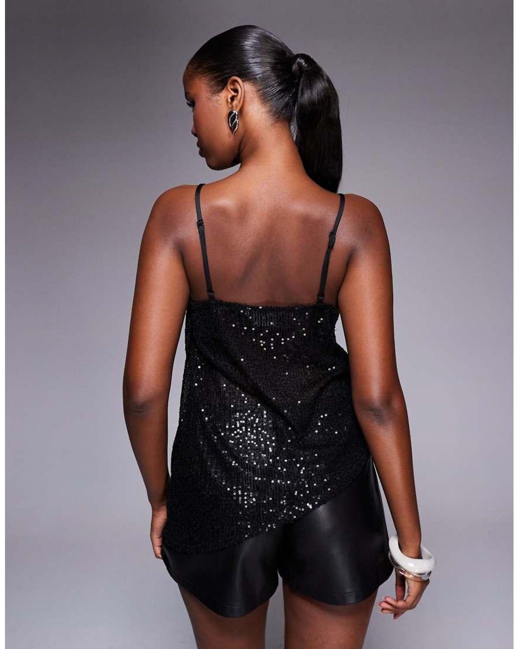 ASOS Black Asymmetric Sequin Cami With Lace Trim