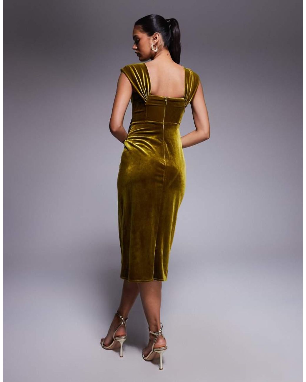 Goddiva Green Draped Shoulder Velvet Corset Midi Dress