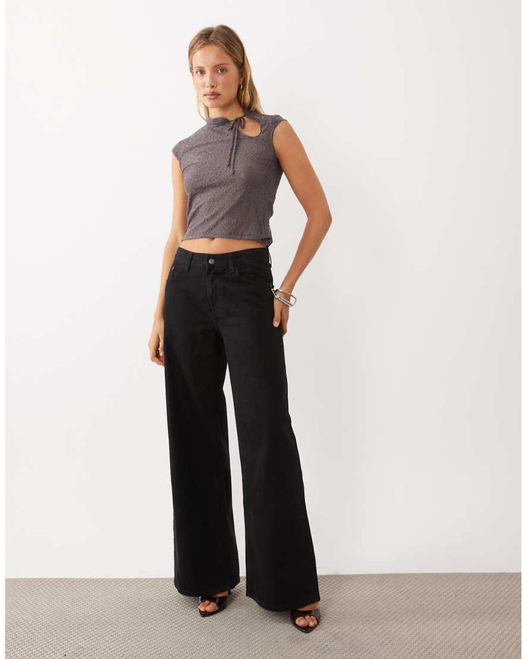 Mango Gray High Neck Cap Sleeve Tie Neck Top