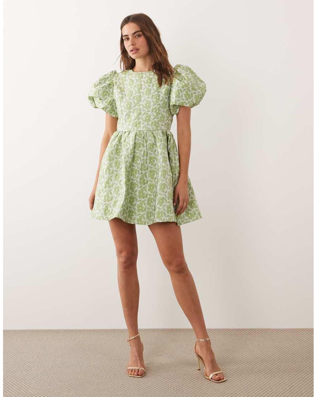Sister Jane Green Freja Jacquard Round Neck Puff Sleeve Mini Dress